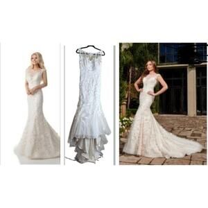 Stella York Wedding Dress 12 Fit & Flare Lace Ivory Tulle Train Bridal Gown